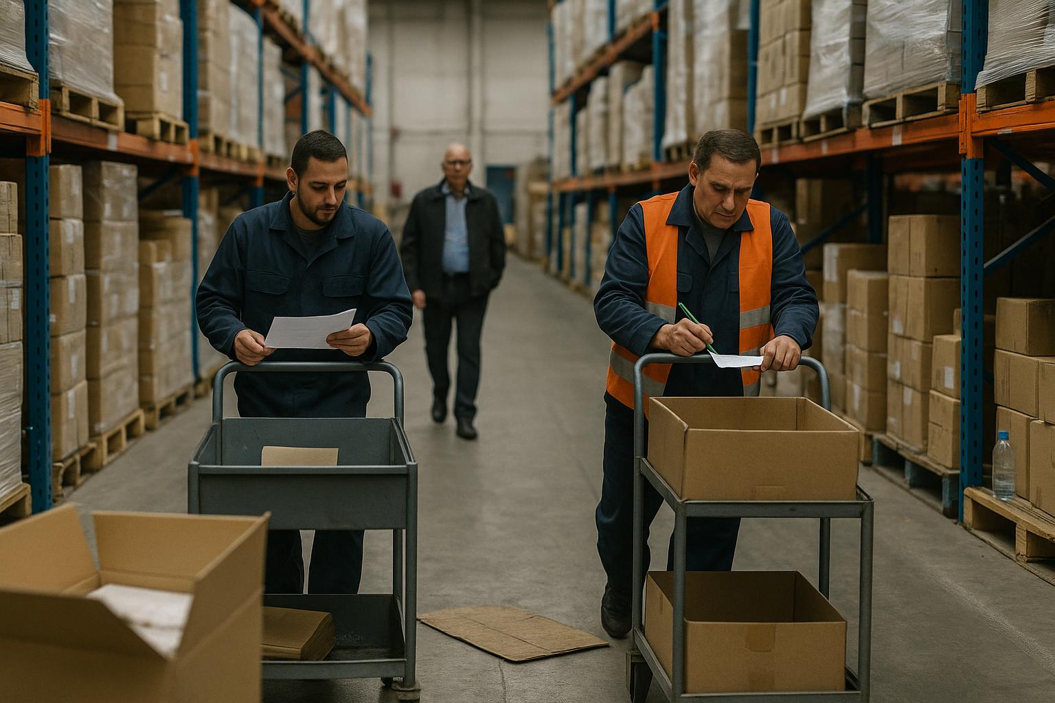 עובדים בפעולה במחסן לוגיסטי באזור תעסוקה חיפה במהלך משמרת בוקר