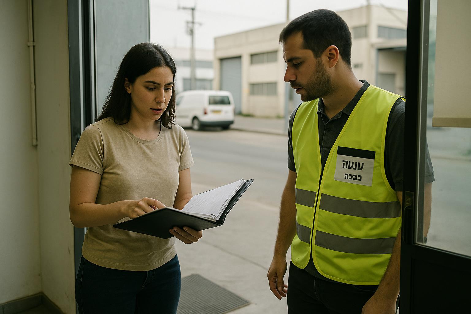 מנהל בודק דו"ח ביקורת שירות לקוחות במחסן מודרני